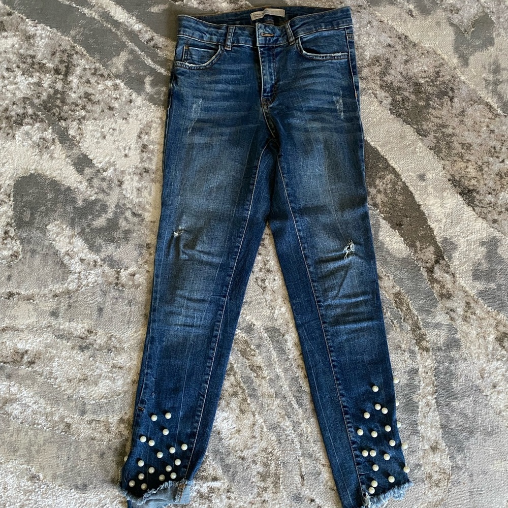 Zara Jeans. Dark denim with white pearls design